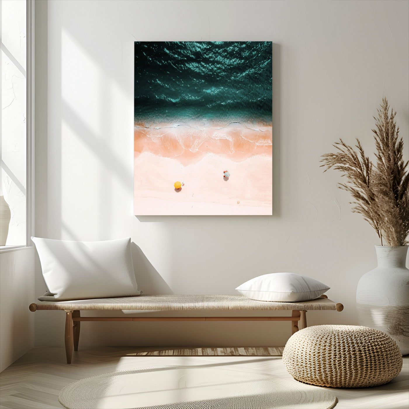 44468317-MGV-CV-24X36-Aerial Serenity Wall Art Canvas Print – Gentle Waves Peach Shore Yellow Umbrella Peaceful Beach Coastal Decor Artwork for Home