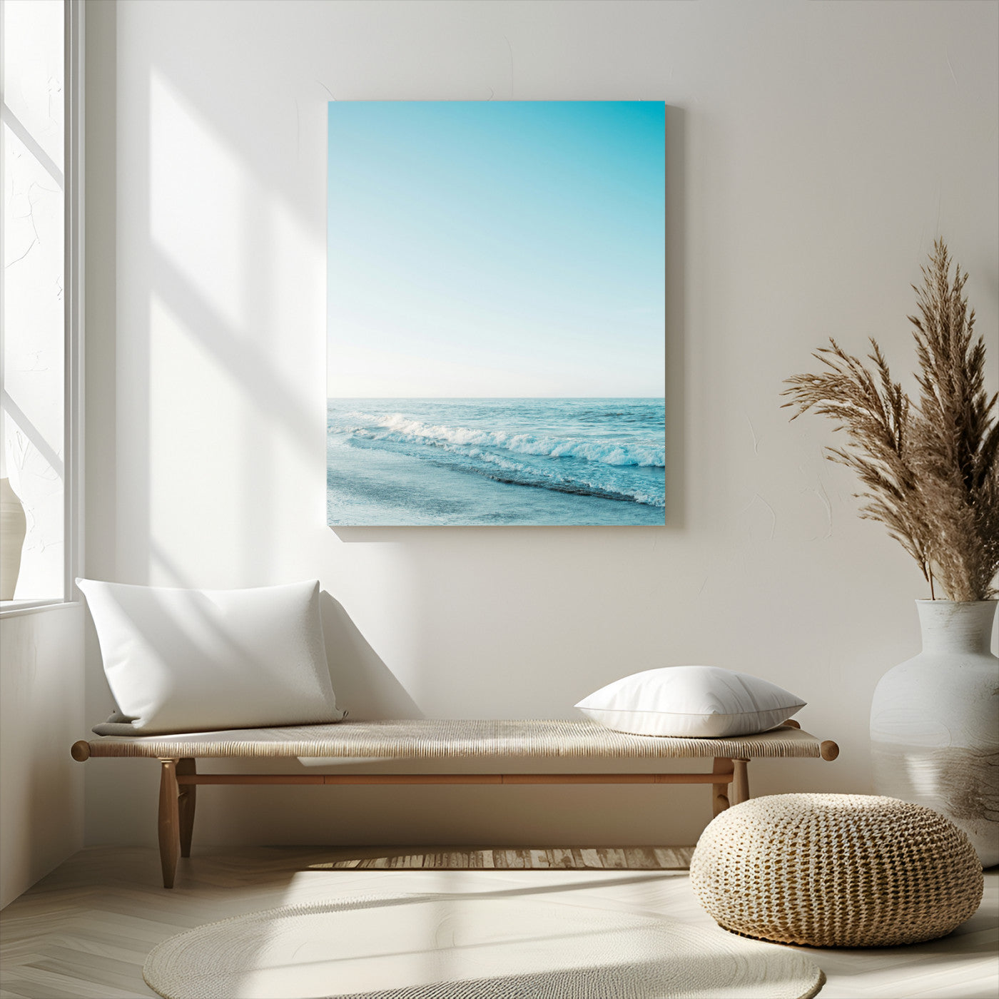-Minimalist Ocean Wall Art Canvas Print – Framed Calm Seascape Soft Blue Tones Nature Scene Artwork for Home Office