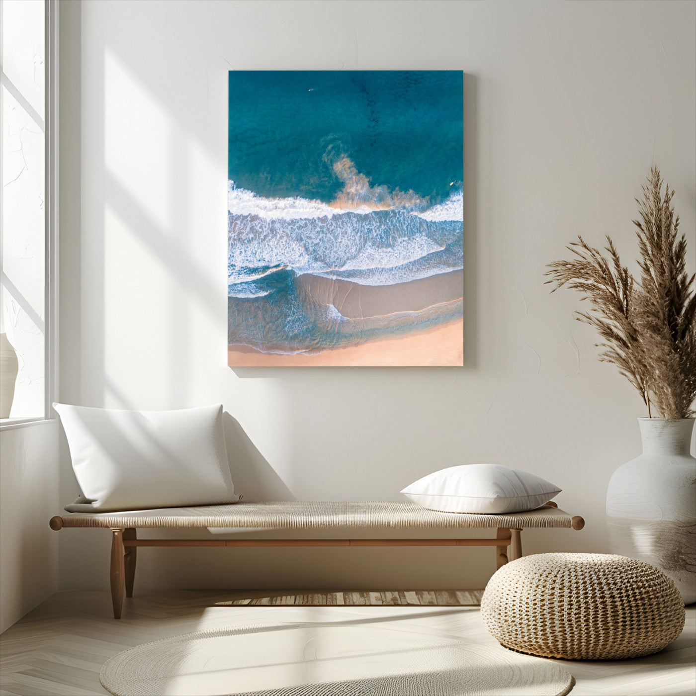 97740681-MGV-CV-24X36-Aerial Beach View Wall Art Canvas Print – Framed Ocean Waves Coastal Serenity Minimalist Seascape Artwork for Home, Office