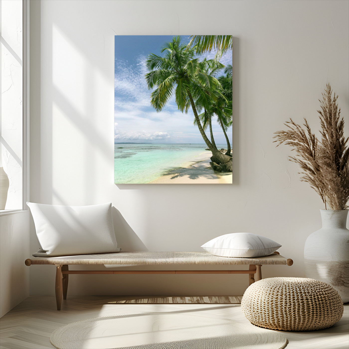 80489589-MGV-CV-24X36-Tropical Beach Palm Trees Canvas Print – Framed Island Coastal Wall Art Bright Ocean Horizon Photography for Home, Office