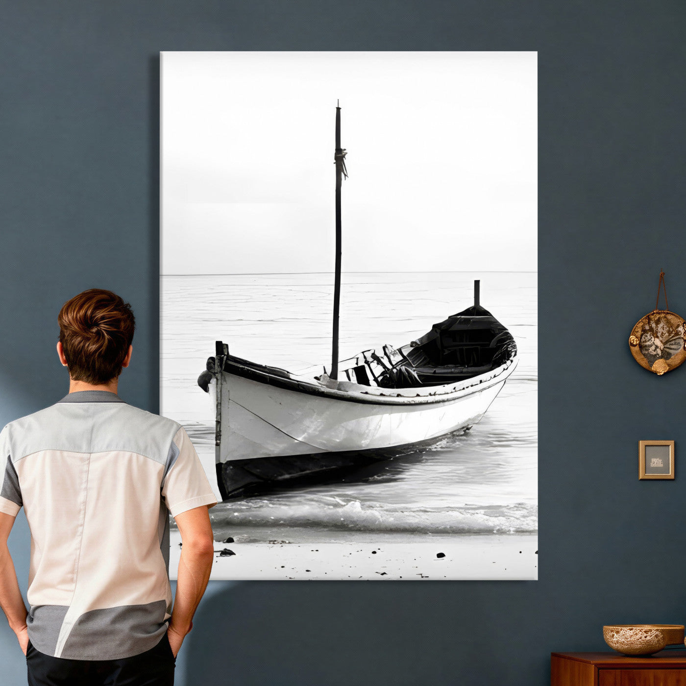 13080776-MGV-CV-24X36 - Minimal Boat Wall Art Canvas Print – Black and White Coastal Photography Artwork Print for Living Room, Bedroom, and Office Decor