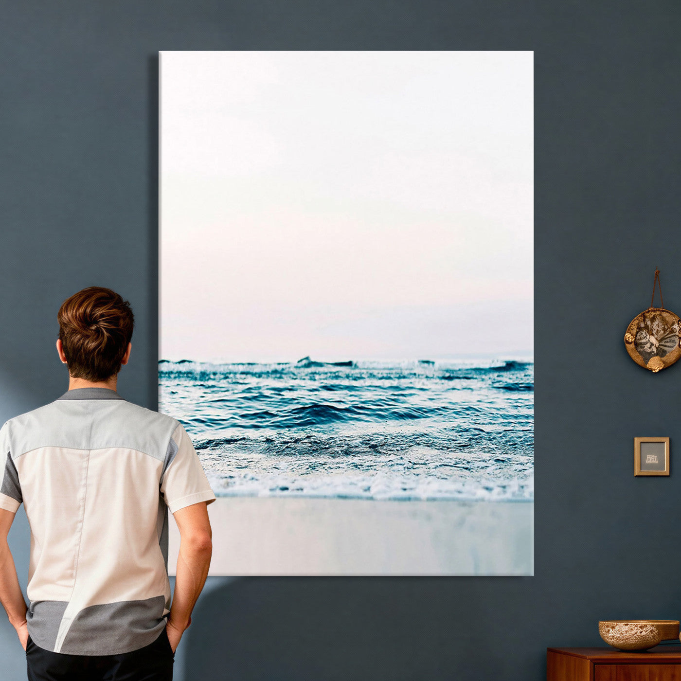 17196851-MGV-CV-24X36 - Ocean Wave Wall Art Canvas Print, Minimal Seascape Photography, Coastal Blue Water Artwork, Vertical Beach Wall Decor, Calm Sea Nature Print