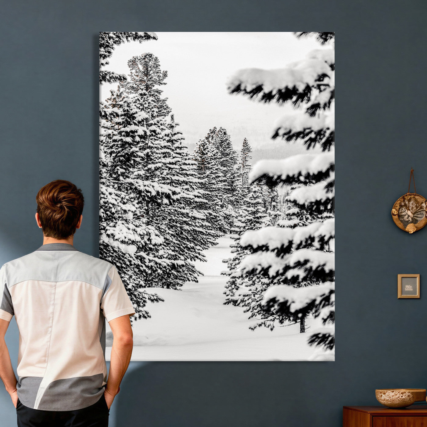 42534505-MGV-CV-24X36 - Snowy Pine Forest Wall Art Canvas Print, Minimal Winter Woodland Landscape, Black and White Nature Artwork