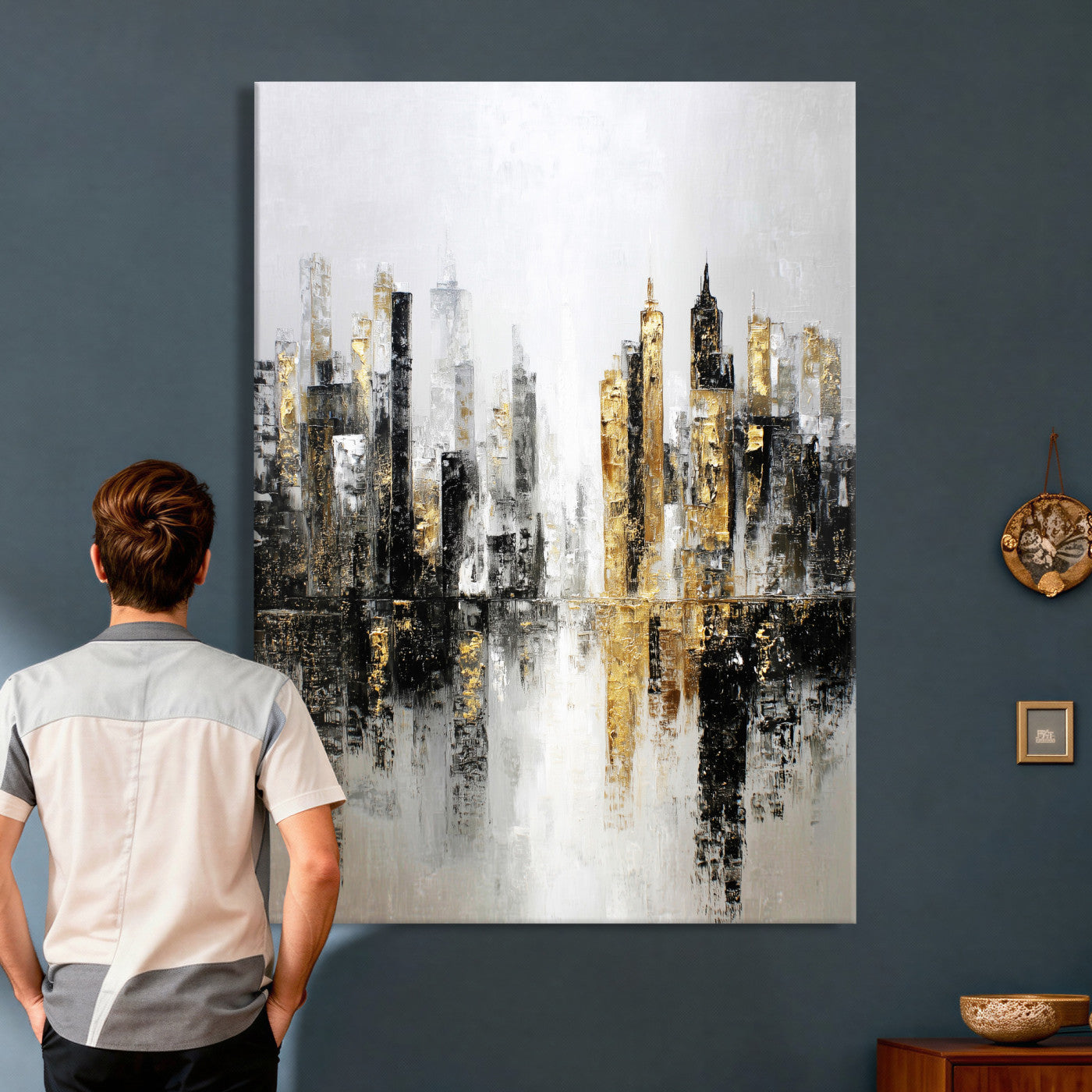 38126217-MGV-CV-24X36 - Abstract Urban Reflection Wall Art Canvas Print, Gold Black Modern Architecture Canvas Print, Contemporary Moody City Artwork for Living Room Decor