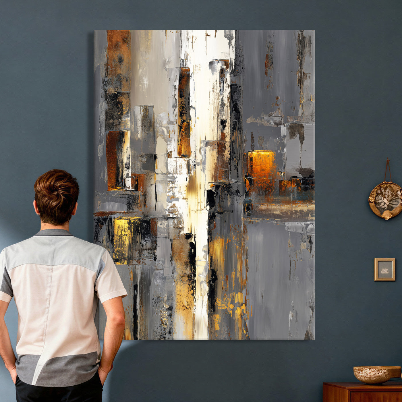 35992080-MGV-CV-24X36 - Abstract Urban Reflection Wall Art Canvas Print, Gold Black Modern Architecture Canvas Print, Contemporary Moody City Artwork for Living Room Decor