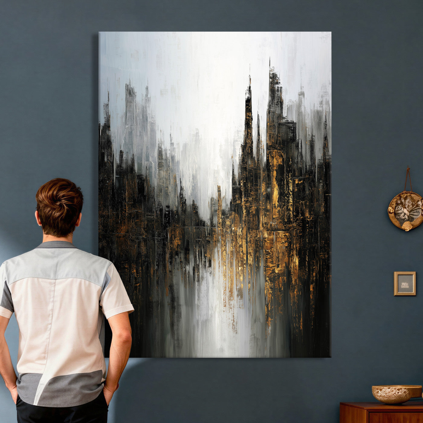 39629486-MGV-CV-24X36 - Abstract Urban Reflection Wall Art Canvas Print, Gold Black Modern Architecture Canvas Print, Contemporary Moody City Artwork for Living Room Decor
