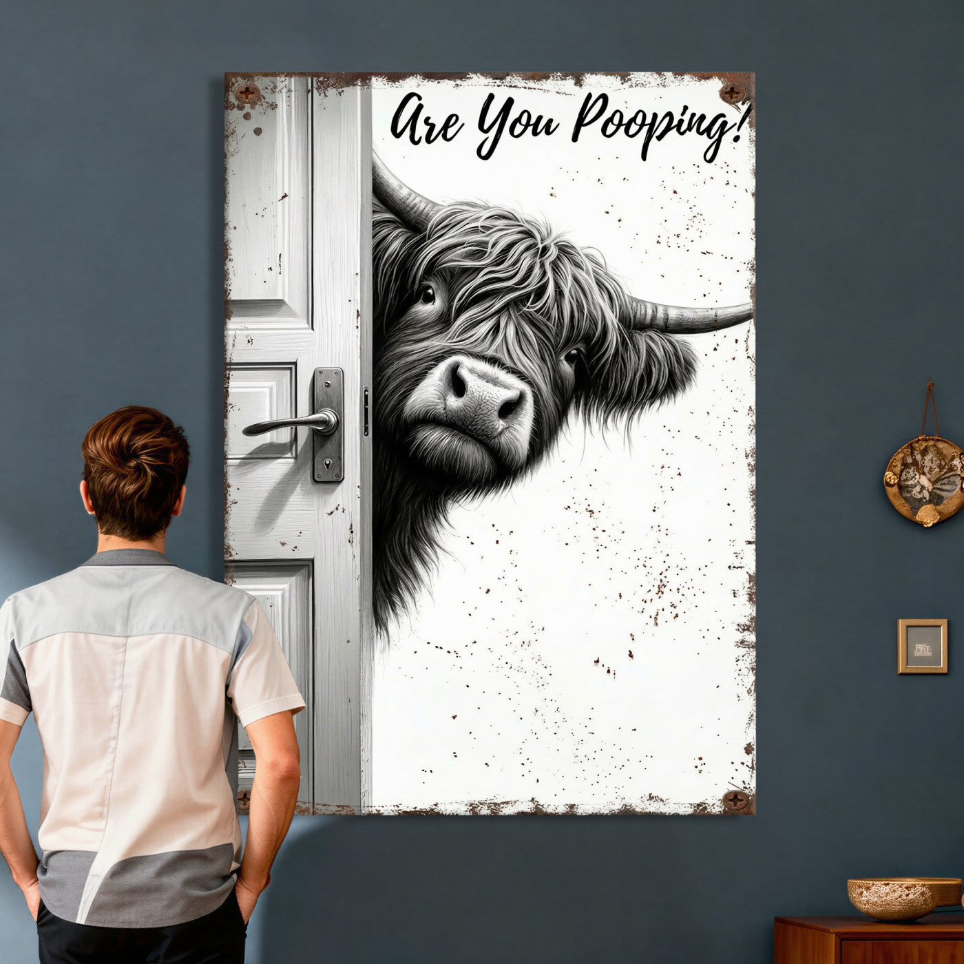 8151788G6-MGV-CV-24X36 - Funny Highland Cow Bathroom Wall Art Canvas Print, Are You Pooping Cow Sign, Rustic Farmhouse Bathroom Decor