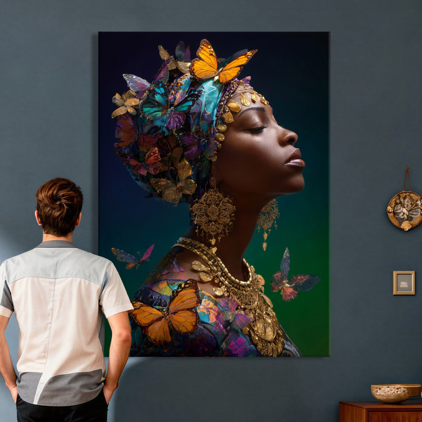 620930SZC0-MGV-CV-24X36 - Butterfly Crown Gold Woman Portrait — Monarch Queen Canvas Print | Teal Dark Fantasy Art | Boho Bedroom Wall Decor | Empowerment Gift Her