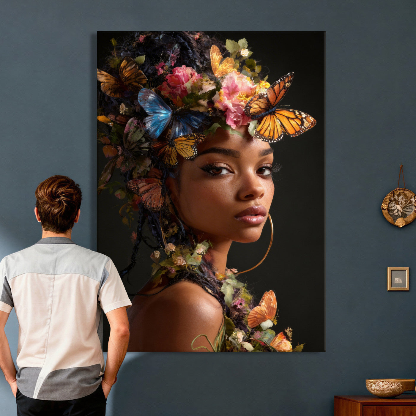 620930SZC10-MGV-CV-24X36 - Butterfly Crown Gold Woman Portrait — Monarch Queen Canvas Print | Teal Dark Fantasy Art | Boho Bedroom Wall Decor | Empowerment Gift Her
