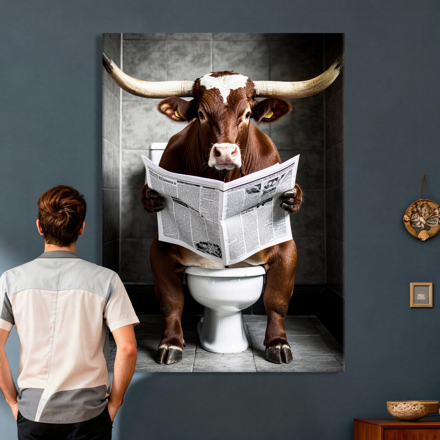 69808726-MGV-CV-24X36 - Texas Longhorn Cow Toilet Paper Canvas Wall Art, Funny Bathroom Black White Print, Cute Animal Humor Decor, Quirky Farmhouse Bathroom Art, Cow Lover Gift