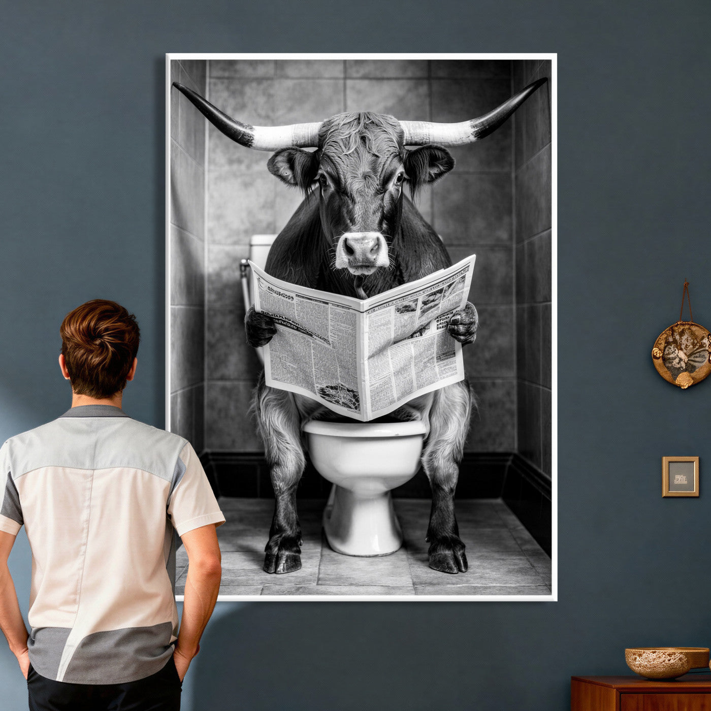 77994492-MGV-CV-24X36 - Texas Longhorn Cow Toilet Paper Canvas Wall Art, Funny Bathroom Black White Print, Cute Animal Humor Decor, Quirky Farmhouse Bathroom Art, Cow Lover Gift