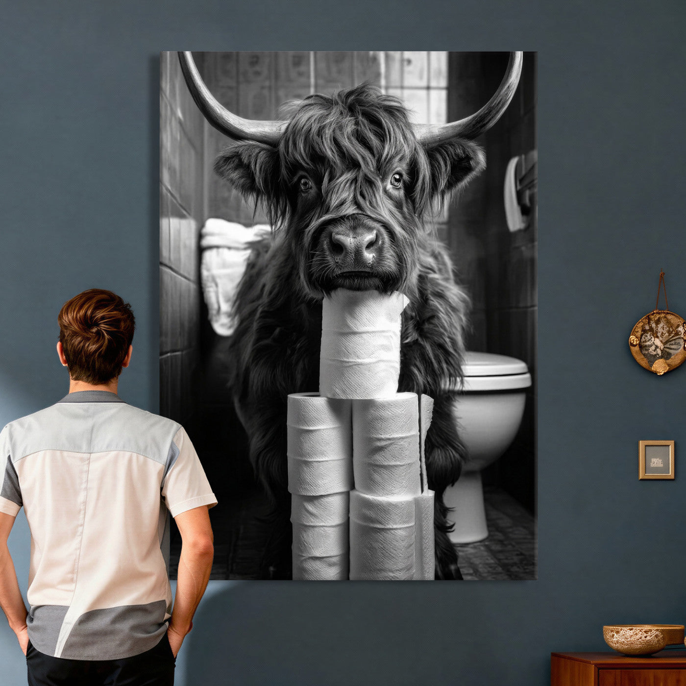 95909209-MGV-CV-24X36 - Highland Cow Toilet Paper Canvas Wall Art, Funny Bathroom Black White Print, Cute Animal Humor Decor, Quirky Farmhouse Bathroom Art, Cow Lover Gift