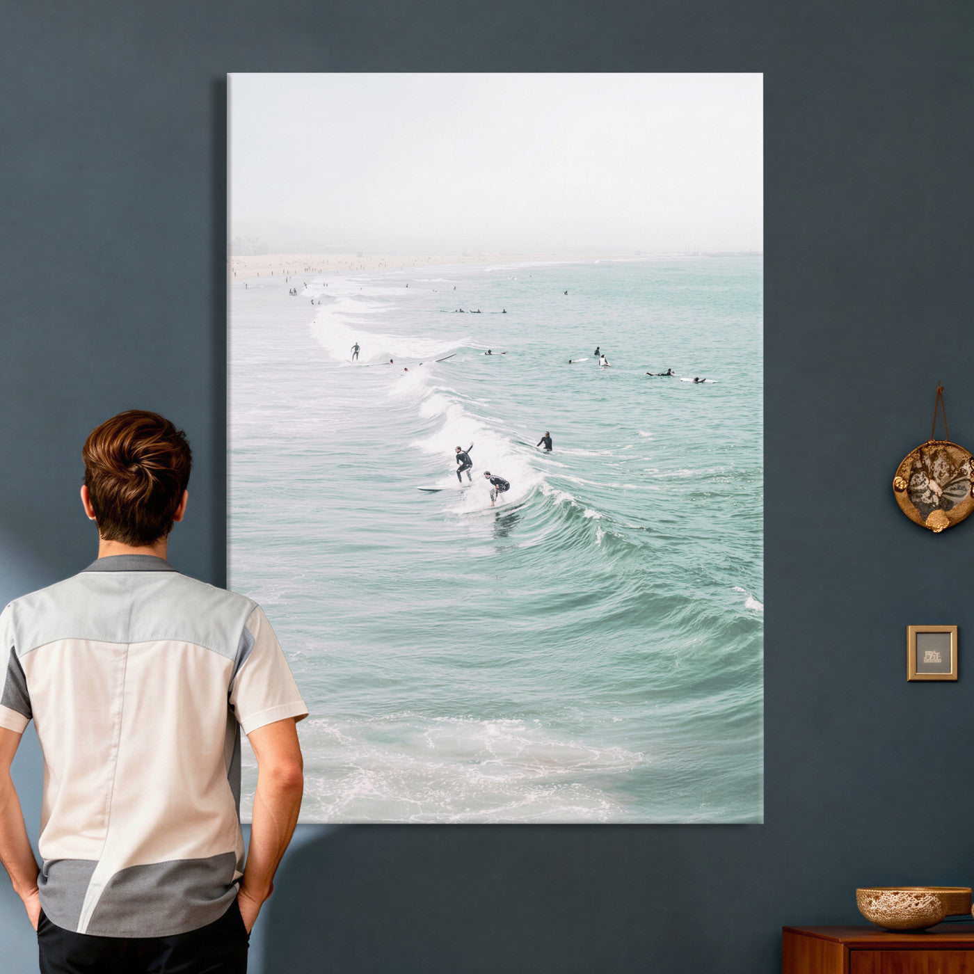 58043762-MGV-CV-24X36 - Surfers on Waves Canvas Wall Art, Aerial Ocean Photography Print, Mint Green Surf Decor, California Beach House Art, Coastal Sports Wall Decor