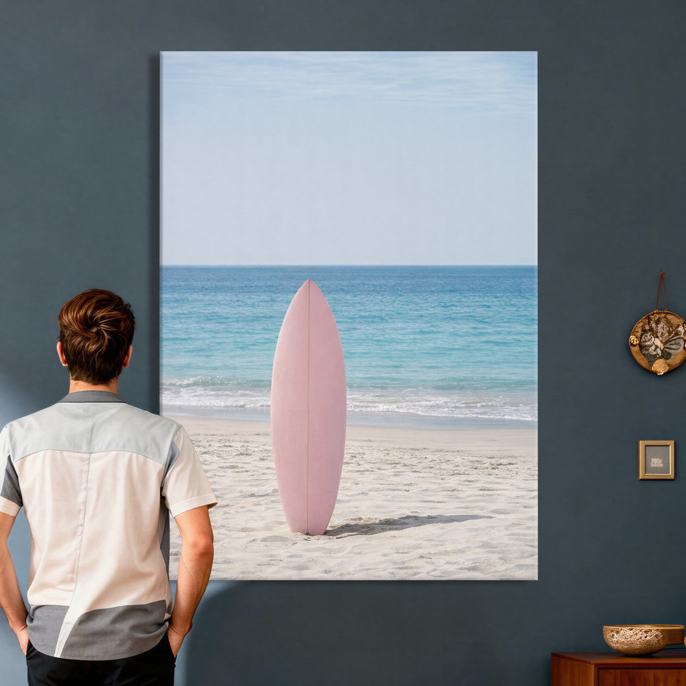 17265103-MGV-CV-24X36 - Pink Surfboard Canvas Wall Art, Minimalist Beach Photography Print, Pastel Ocean Coastal Decor, Girl Beach Room Art, Aesthetic Summer Wall Print