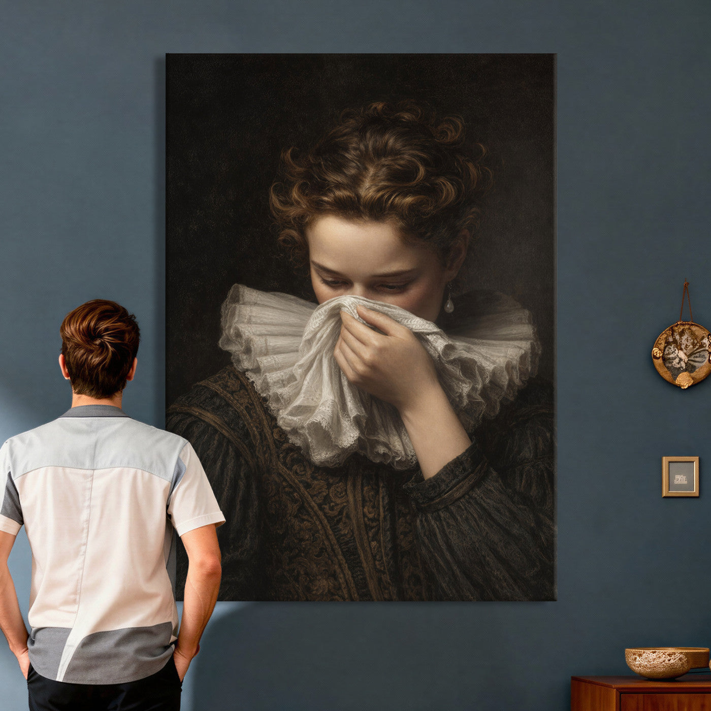 62652430-MGV-CV-24X36 - Baroque Portrait Canvas Wall Art, Flemish Woman with Lace Collar Print for Bathroom Wall Art, Funny Toilet Decor, Renaissance Style Portrait, Moody Vintage Wall Art