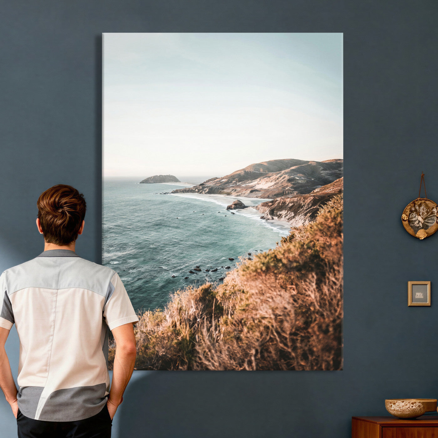 58099801-MGV-CV-24X36 - Coastal Cliffs Canvas Wall Art, Ocean Shoreline Photography Print, Teal Sea Landscape Decor, California Coast Art, Boho Beach House Wall Decor