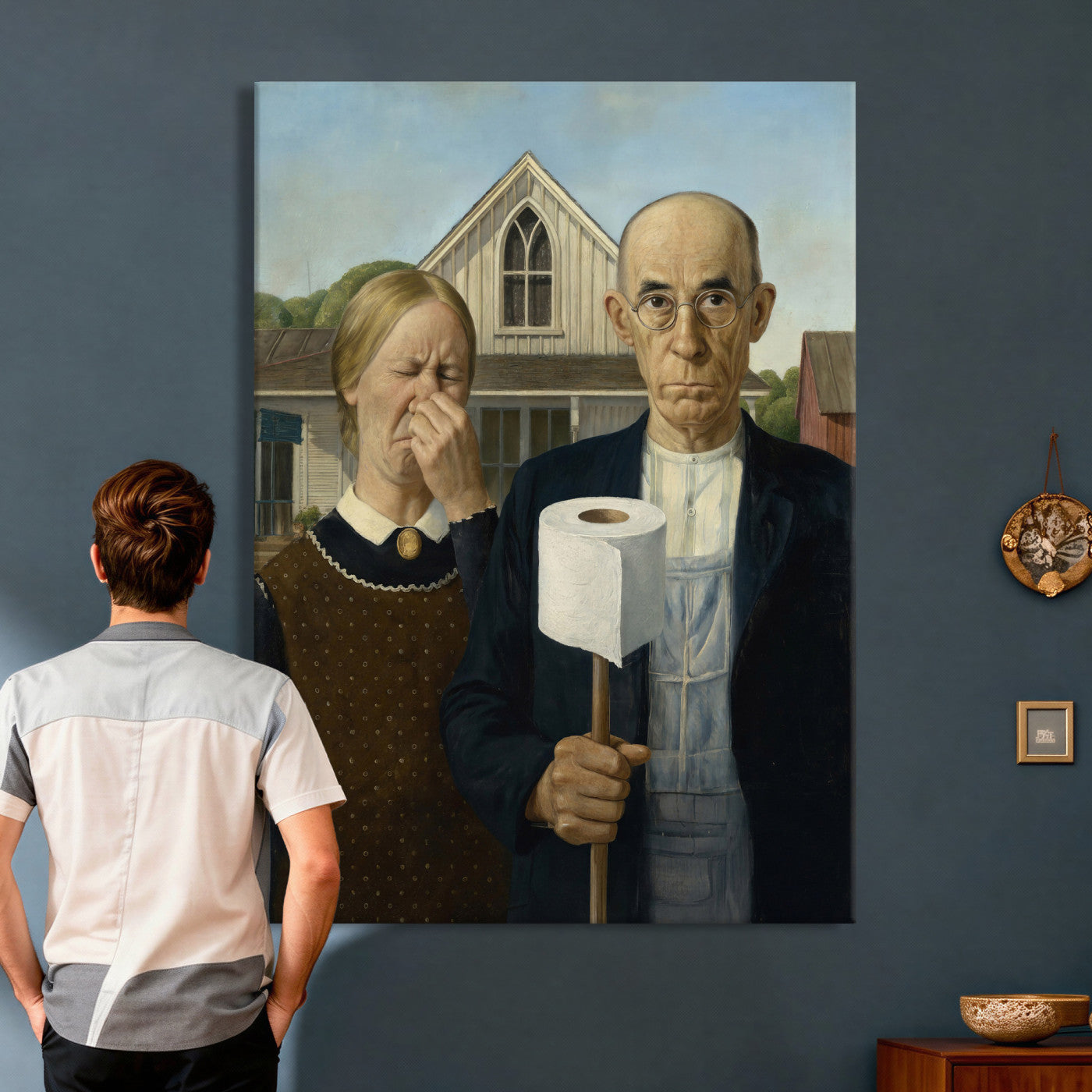 46805085-MGV-CV-24X36 - Funny Bathroom Canvas Wall Art, Grant Wood American Gothic Toilet Paper Parody Print, Humor Bathroom Decor, Classic Art Spoof, Quirky Housewarming Gift