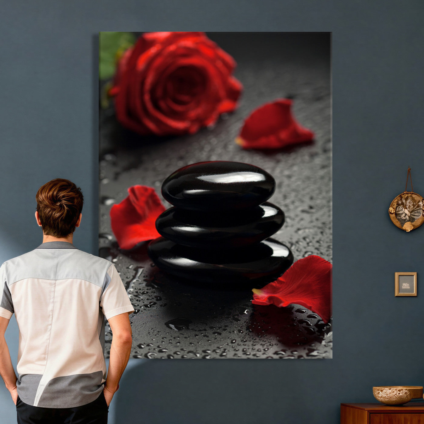 37334763-MGV-CV-24X36 - Black Lava Stone Rose Canvas | Red Rose Spa Photography Print | Stacked Stones Dark Luxury Wall Art | Dramatic Bathroom Decor