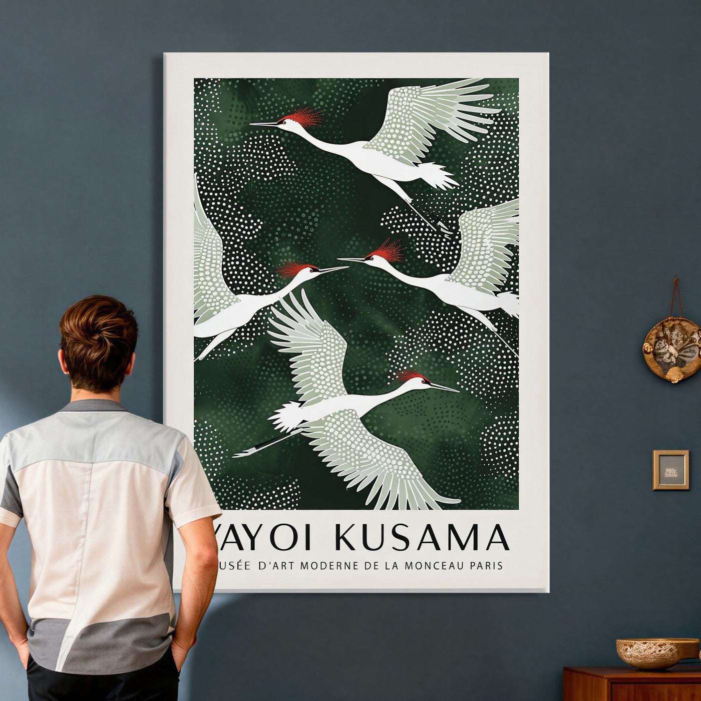 63036906-MGV-CV-24X36 - Yayoi Kusama Crane Bird Wall Art Canvas Print, Japanese Inspired Flying Heron Framed Artwork, Green Botanical Nature Decor for Living Room Bedroom Office