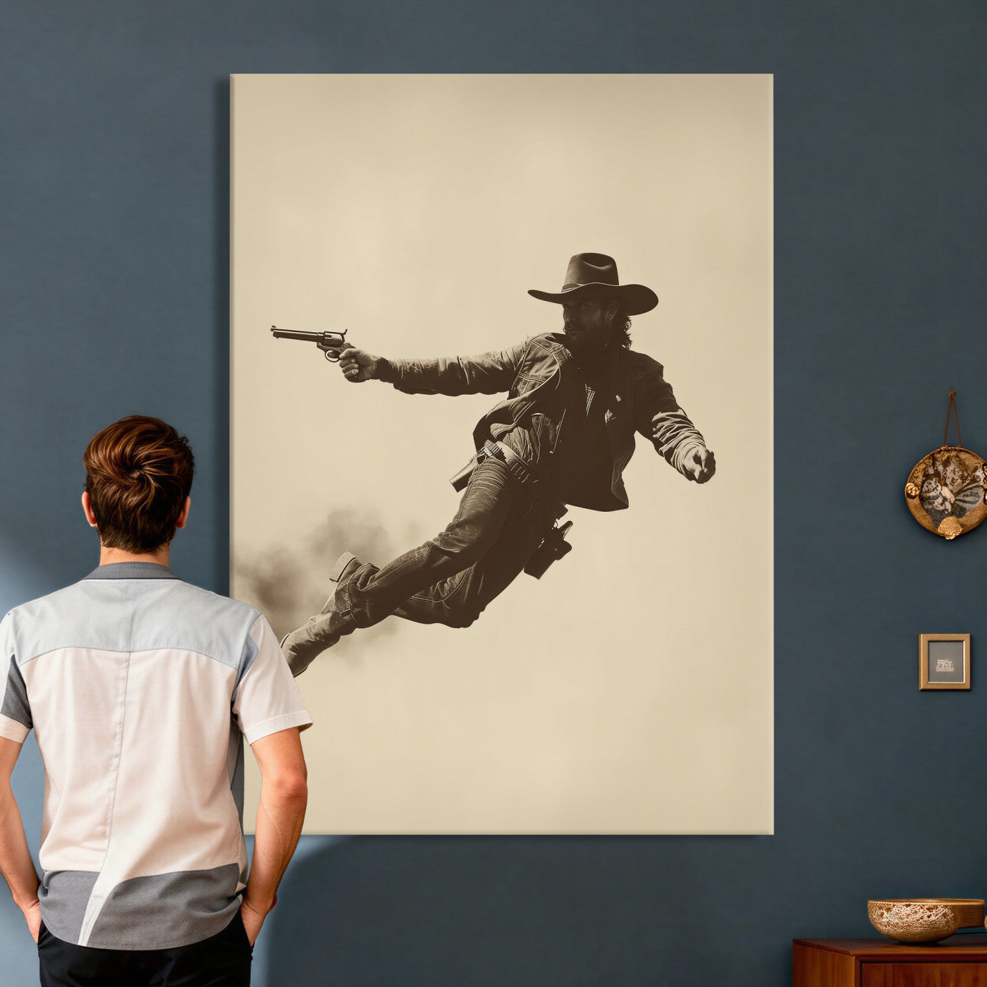 11948430CW-MGV-CV-24X36 - Cowboy Canvas Wall Art, Western Gunslinger Sepia Photo Print, Vintage Rustic Man Cave Decor, Wild West Cinematic Art, Living Room Wall Art