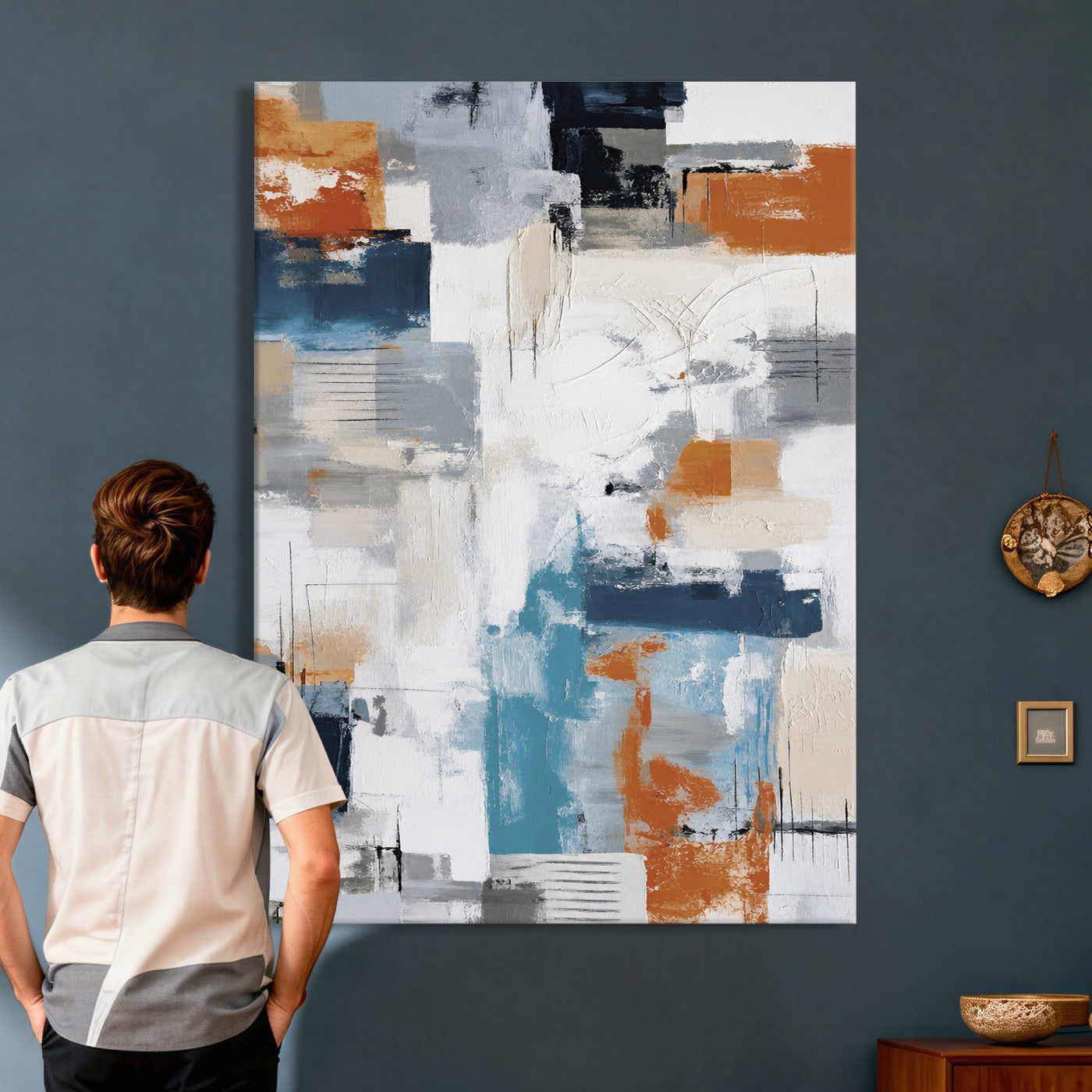 39825760-MGV-CV-24X36 - Blue Teal Abstract Canvas Wall Art, Modern Textured Painting Print, Navy Orange White Contemporary Art, Neutral Living Room Decor, Office Art