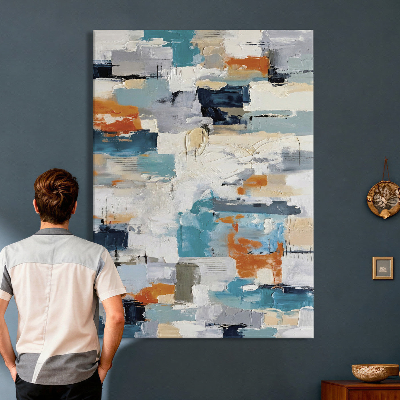 74742966-MGV-CV-24X36 - Blue Teal Abstract Canvas Wall Art, Modern Textured Painting Print, Navy Orange White Contemporary Art, Neutral Living Room Decor, Office Art