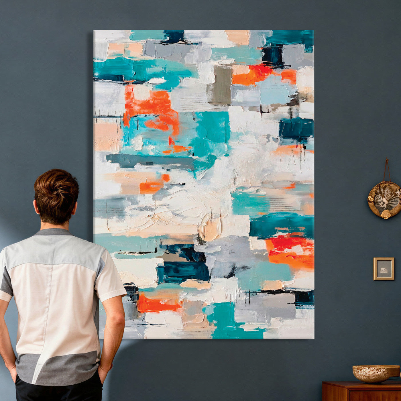 74742966-MGV-CV-24X36 - Blue Teal Abstract Canvas Wall Art - Modern Textured Painting Print, Navy Orange White Contemporary Art, Neutral Living Room Decor, Office Art