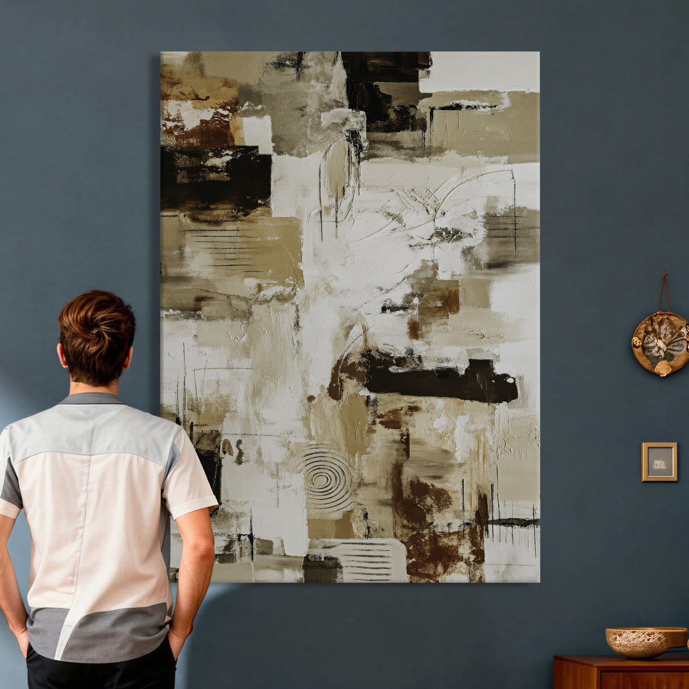 90644187-MGV-CV-24X36 - Blue Teal Abstract Canvas Wall Art, Modern Textured Painting Print, Navy Orange White Contemporary Art, Neutral Living Room Decor, Office Art