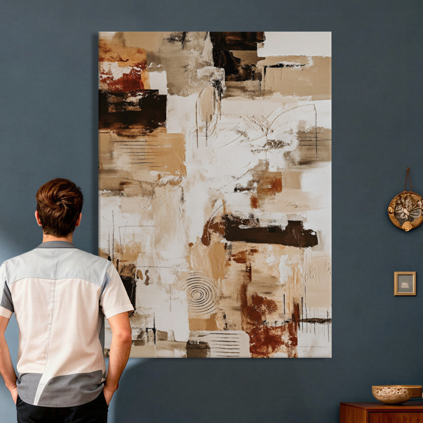 90644187-MGV-CV-24X36 - Blue Teal Abstract Canvas Wall Art | Modern Textured Painting Print, Navy Orange White Contemporary Art - Neutral Living Room Decor, Office Art