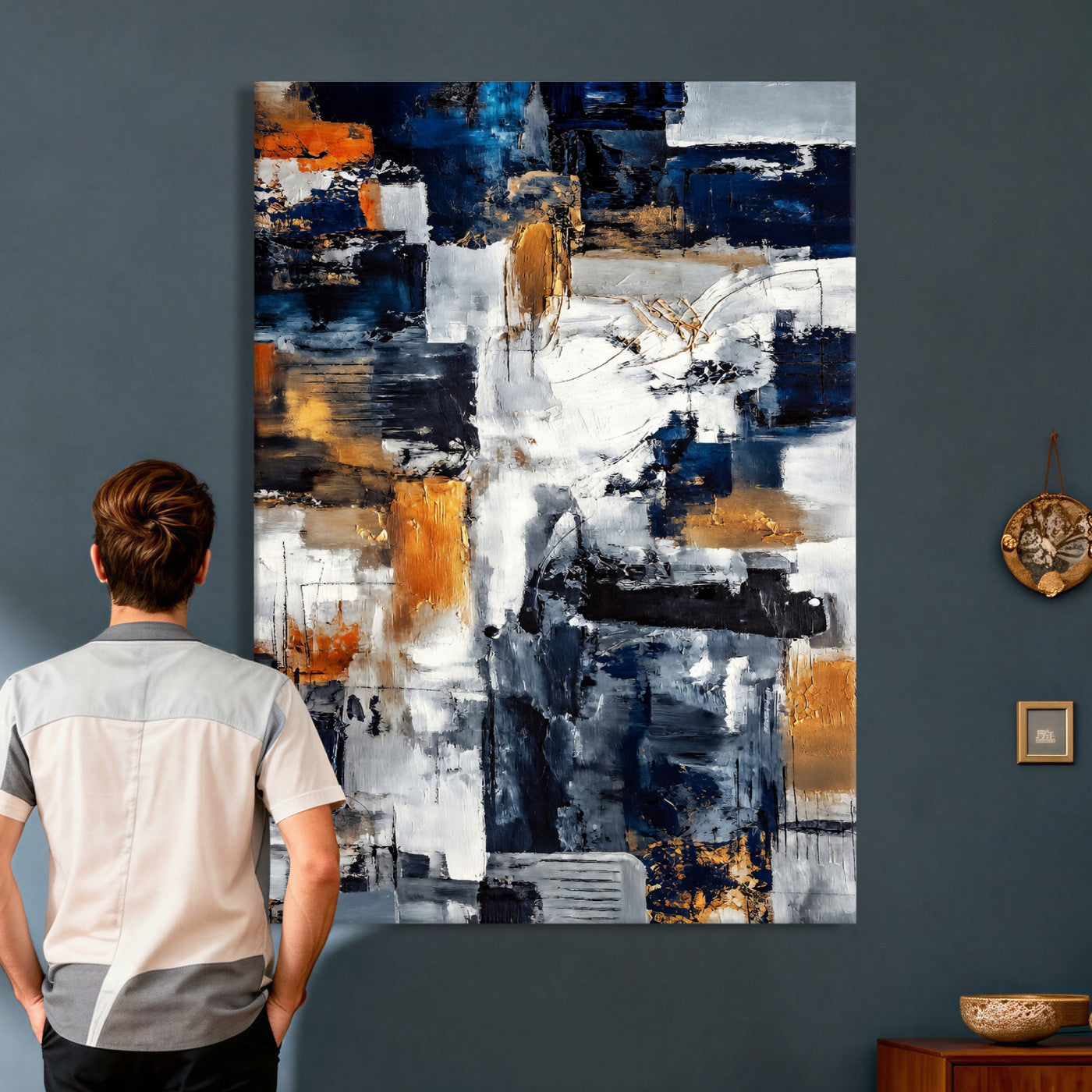 85264820-MGV-CV-24X36 - Blue Teal Abstract Canvas Wall Art, Modern Textured Painting Print, Navy Orange White Contemporary Art, Neutral Living Room Decor, Office Art