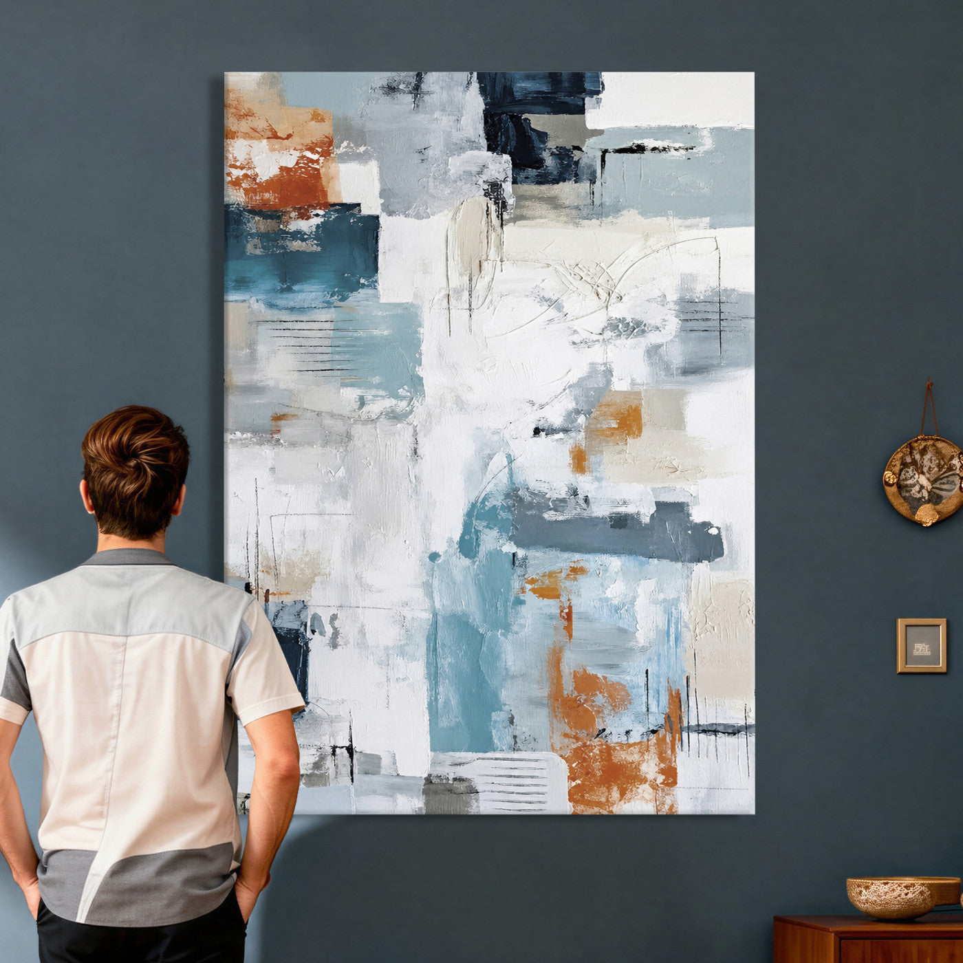 47011485-MGV-CV-24X36 - Blue Teal Abstract Canvas Wall Art, Modern Textured Painting Print, Navy Orange White Contemporary Art, Neutral Living Room Decor, Office Art