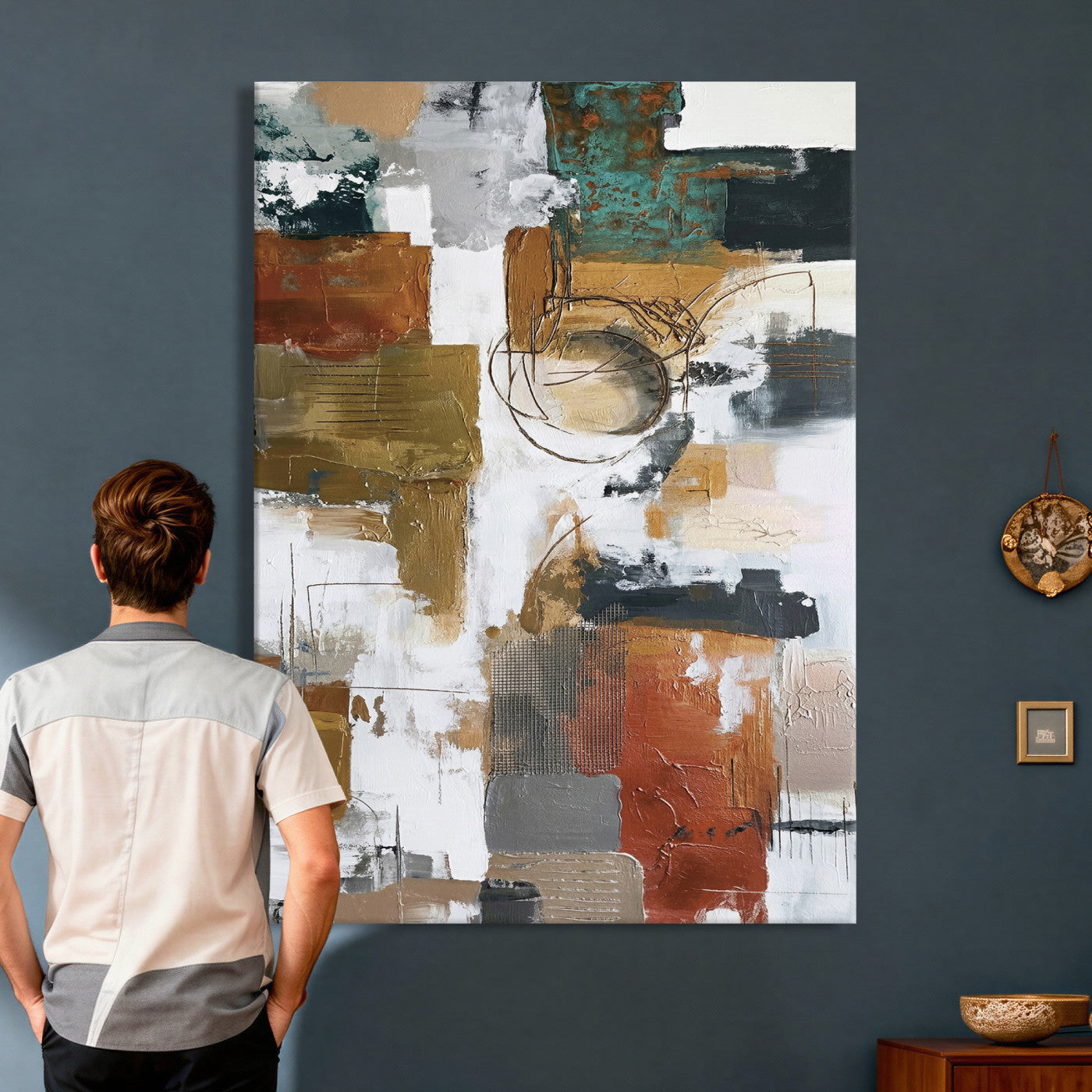 71530836-MGV-CV-24X36 - Blue Teal Abstract Canvas Wall Art, Modern Textured Painting Print, Navy Orange White Contemporary Art, Neutral Living Room Decor, Office Art