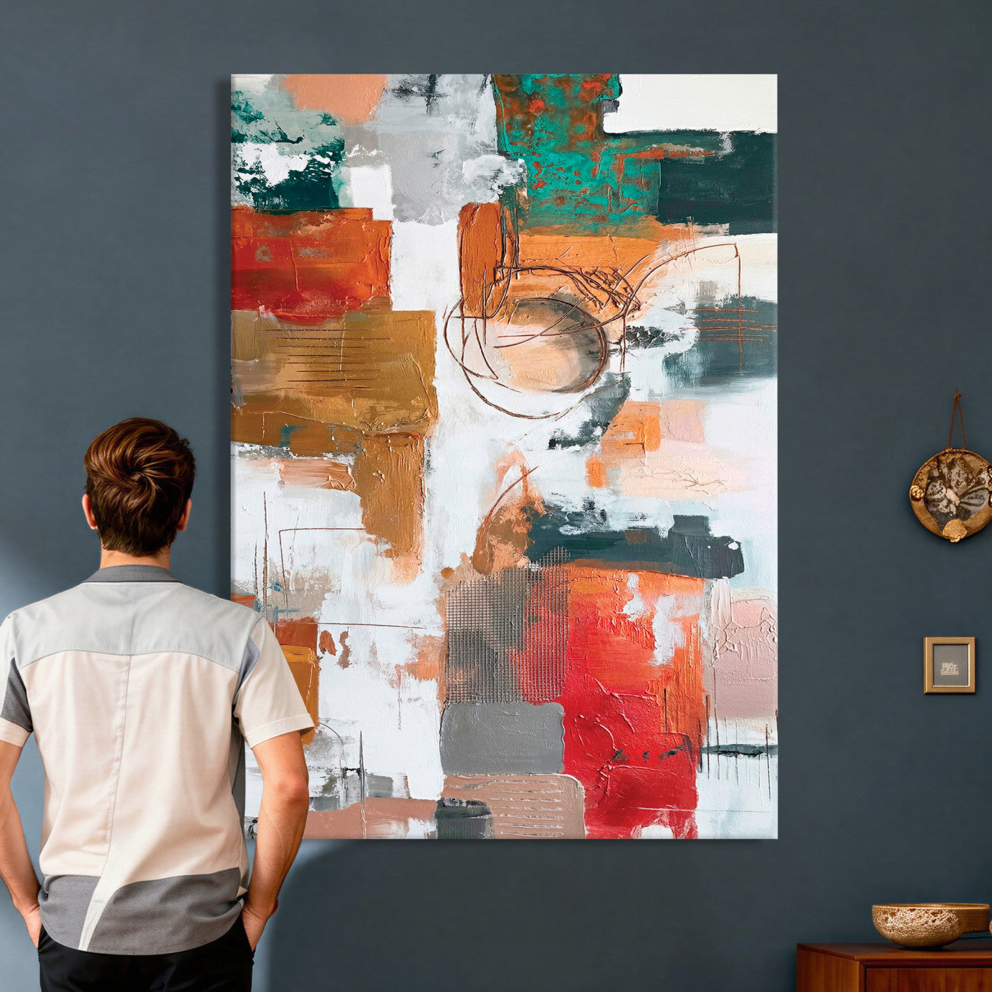 71530836-MGV-CV-24X36 - Blue Teal Abstract Canvas Wall Art | Modern Textured Painting Print, Navy Orange White Contemporary Art, Neutral Living Room Decor, Office Art