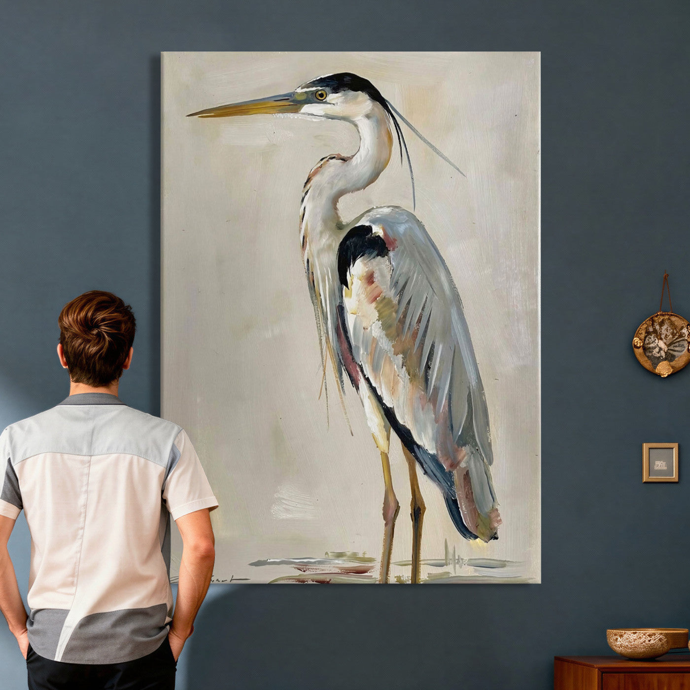 66936694-MGV-CV-24X36 - Great Blue Heron Canvas Wall Art Coastal Bird Oil Painting Print