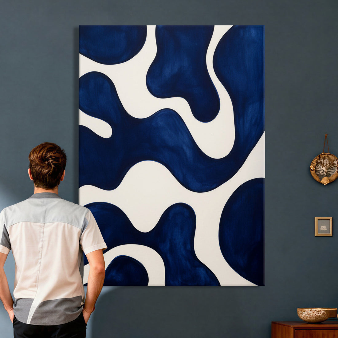 Minimalist Navy Blue Abstract Canvas Wall Art Organic Shapes Painting Print