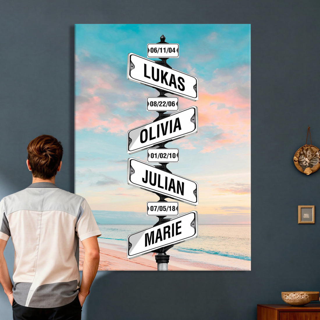 Family Street Sign Canvas Print, Personalized Names Signpost Wall Art