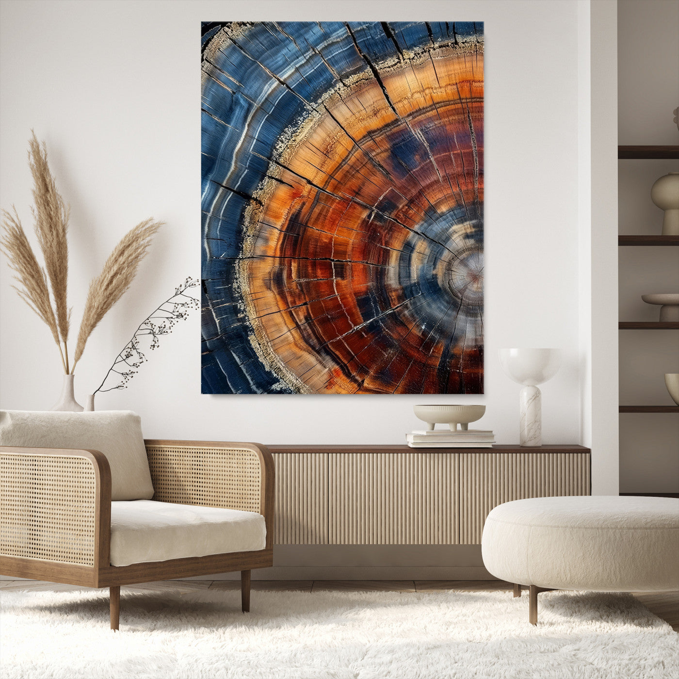 38379387-MGV-CV-36X24-Tree Rings Wall Art Canvas Print – Blue Wood Grain Rustic Texture Natural Earthy Nature Artwork for Home Office