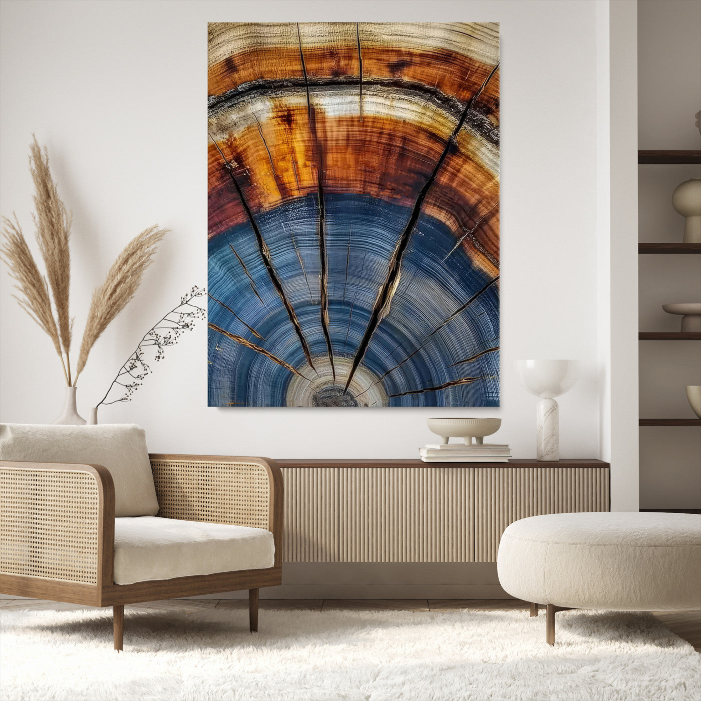 47703729-MGV-CV-36X24-Tree Rings Wall Art Canvas Print – Blue Wood Grain Rustic Natural Earthy Nature Artwork for Home, Office, Living Room