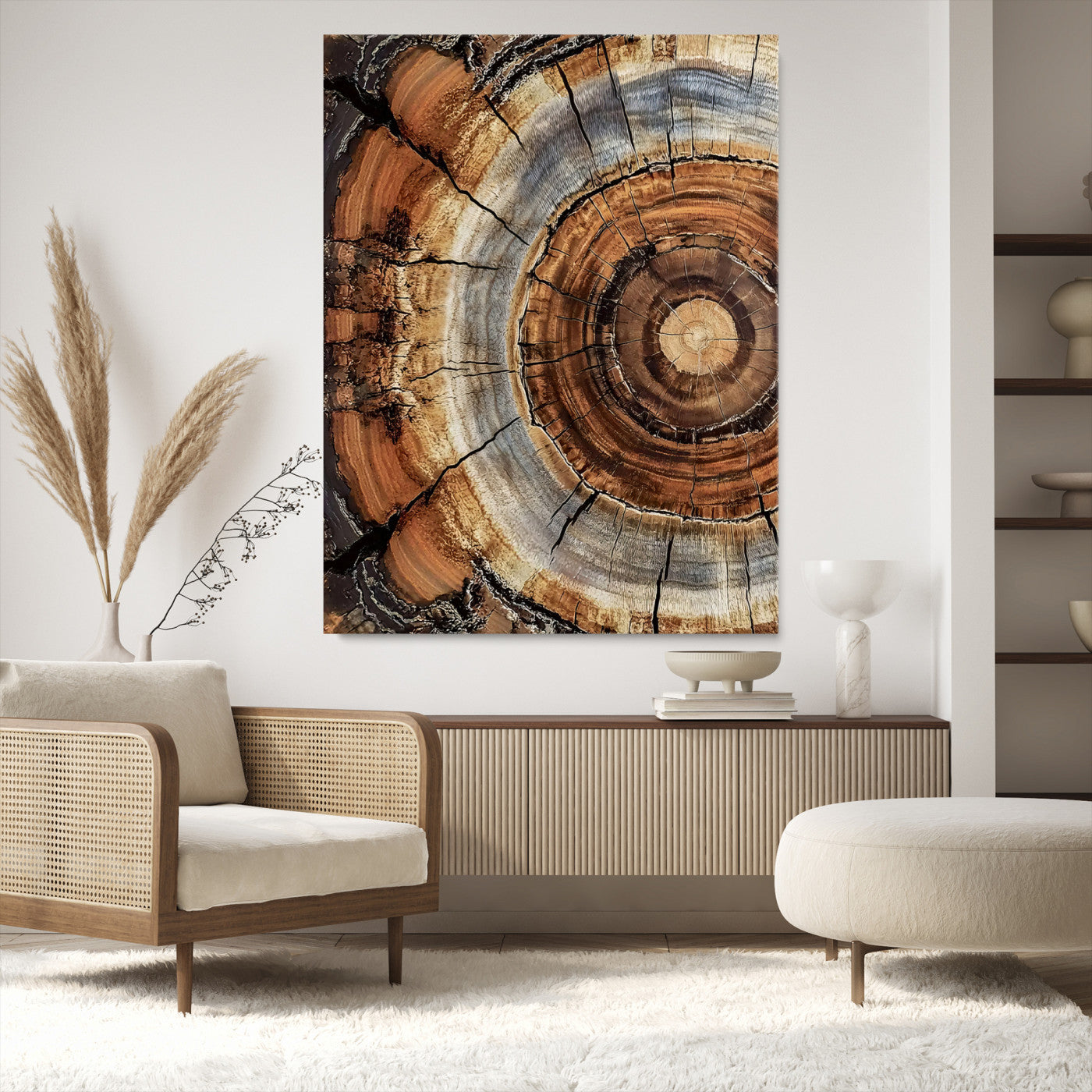 28233914-MGV-CV-36X24-Tree Rings Wall Art Canvas Print – Rustic Wood Grain Pattern Natural Rings Earthy Artwork for Home, Office, Living Room