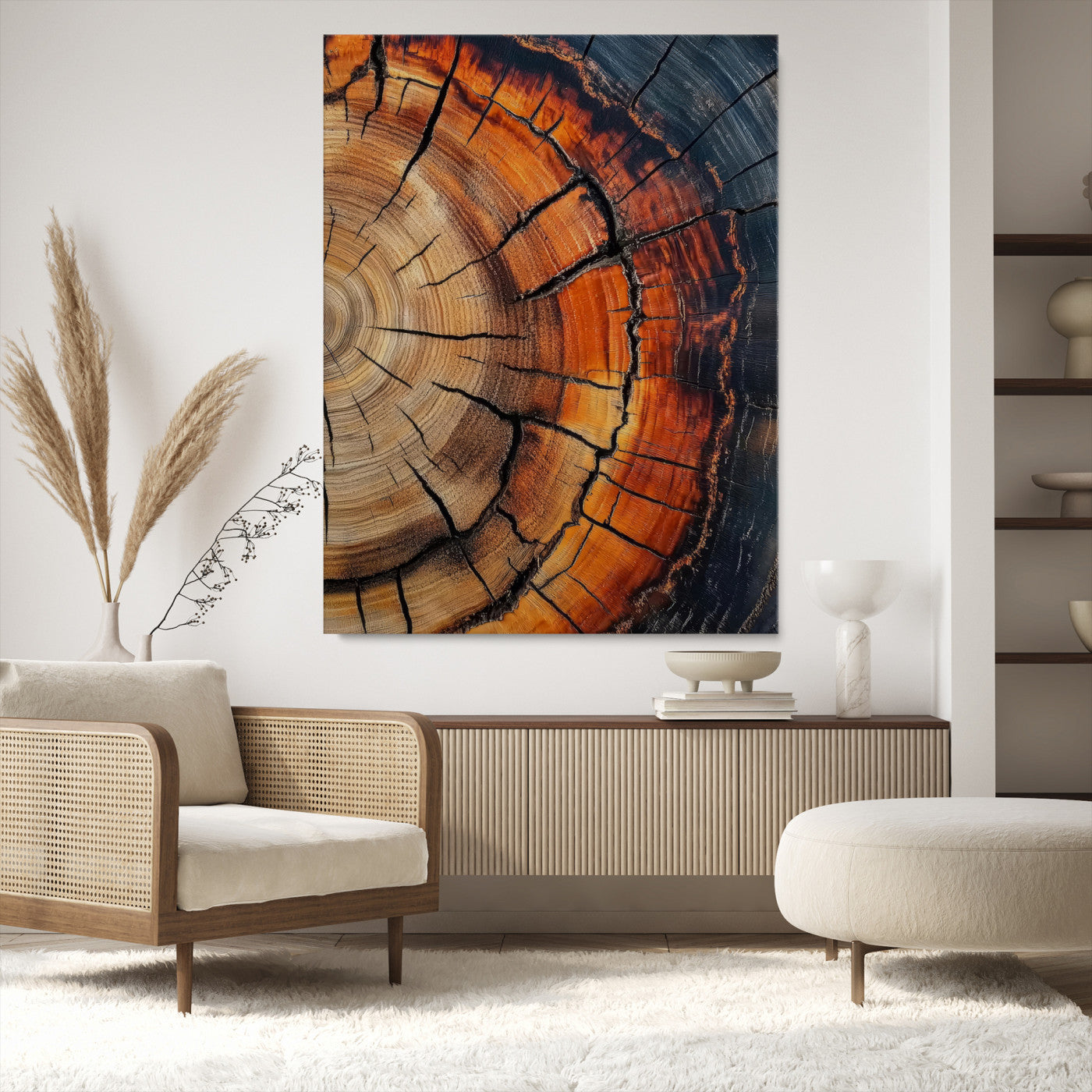 12078265-MGV-CV-36X24-Tree Rings Wall Art Canvas Print – Framed Burnt Wood Rustic Nature Growth Rings Organic Artwork for Home Office
