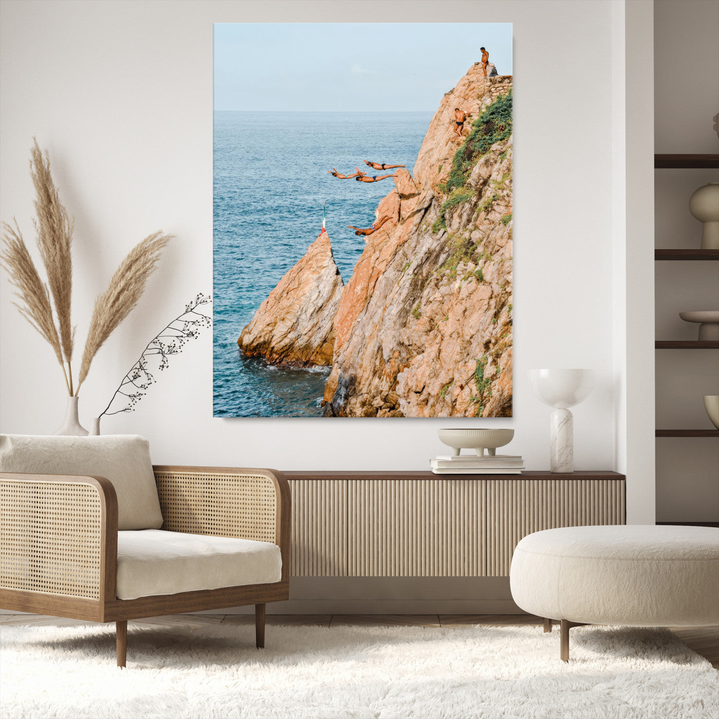 -Cliff Divers Wall Art Canvas Print, Framed Oceanfront Art Picture Print, Coastal Perfect Adventurous