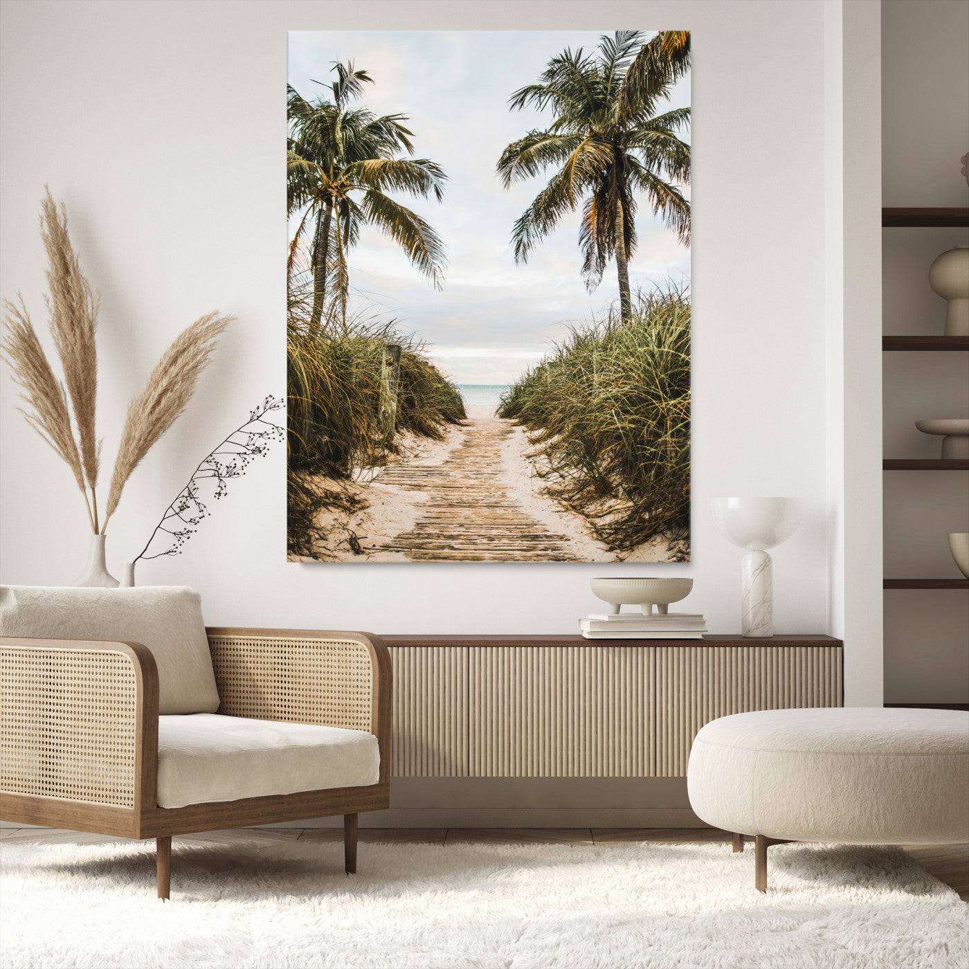 47319550-MGV-CV-36X24-Tropical Beach Wall Art Canvas Print – Framed Coastal Palm Tree Scene with Rustic Sand Ocean Artwork for Home, Office