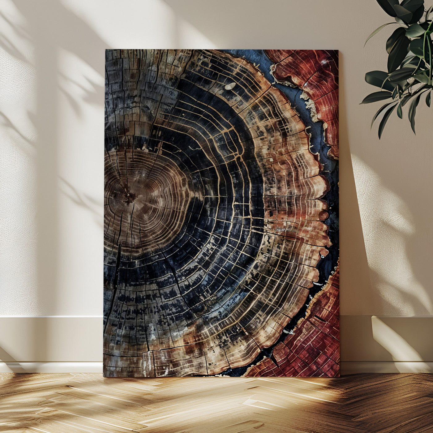 TEST3001-MGV-CV-24X36-Tree Rings Wall Art Canvas Print – Framed Rustic Wood Scene with Natural Texture Artwork for Home, Office