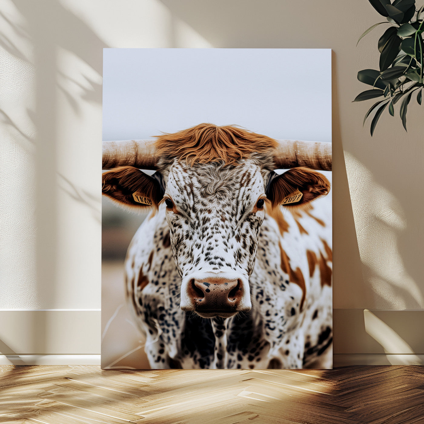 -Texas Longhorn Wall Art Canvas Print, Framed Spotted Cow Art Picture Print, Horned Cattle Perfect Rustic Western Decor Artwork