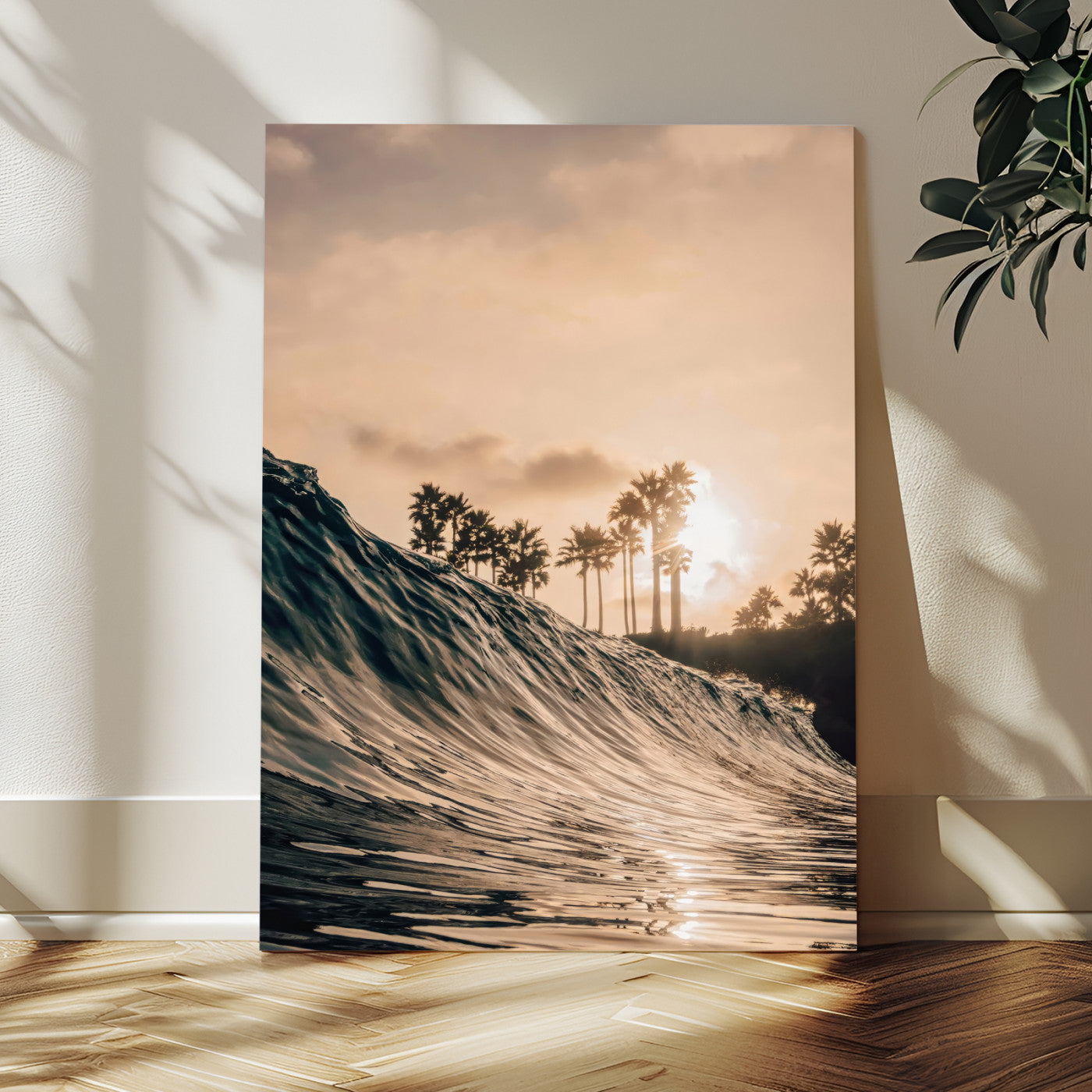 50270635-MGV-CV-24X36-Golden Hour Ocean Wave Wall Art Canvas Print – Framed Tropical Beach Sunset Palm Silhouette Coastal Artwork for Home Office