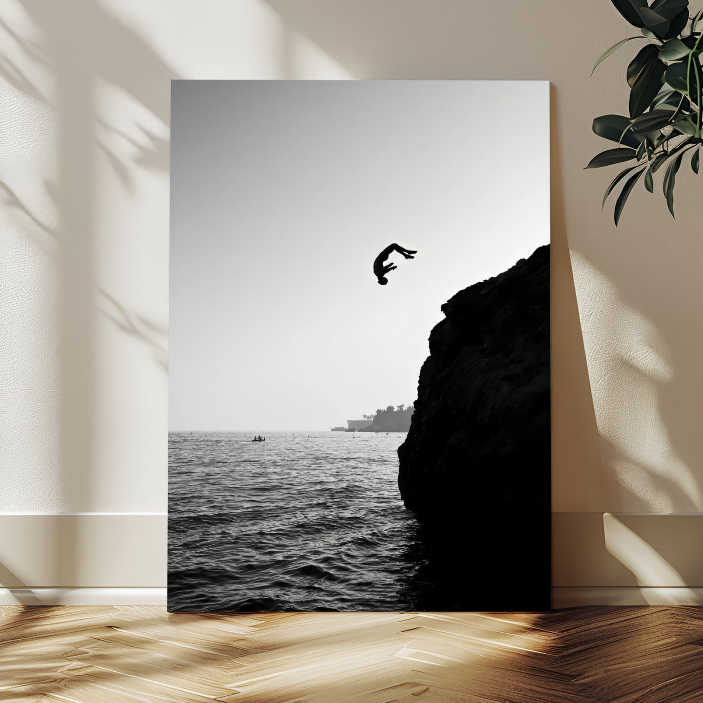 99497106-MGV-CV-24X36-Cliff Jumping Silhouette Wall Art Canvas Print – Framed Black White Ocean Monochrome Adventure Artwork for Home Office