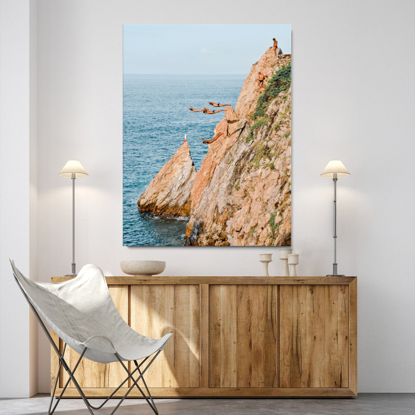 74527880-MGV-CV-40X27-Cliff Divers Wall Art Canvas Print – Oceanfront Cliffs Waves Adventurous Coastal Scene Framed Canvas Artwork