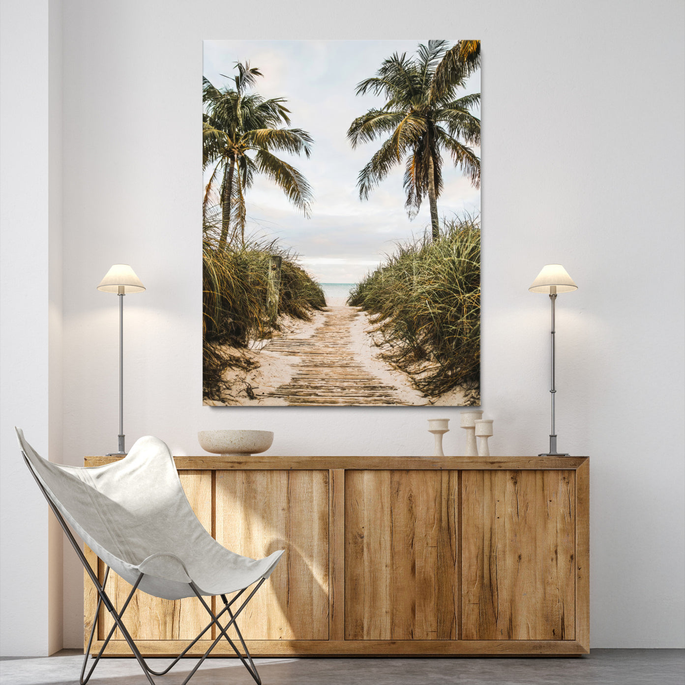 47319550-MGV-CV-40X27-Tropical Beach Wall Art Canvas Print – Framed Coastal Palm Tree Scene with Rustic Sand Ocean Artwork for Home, Office
