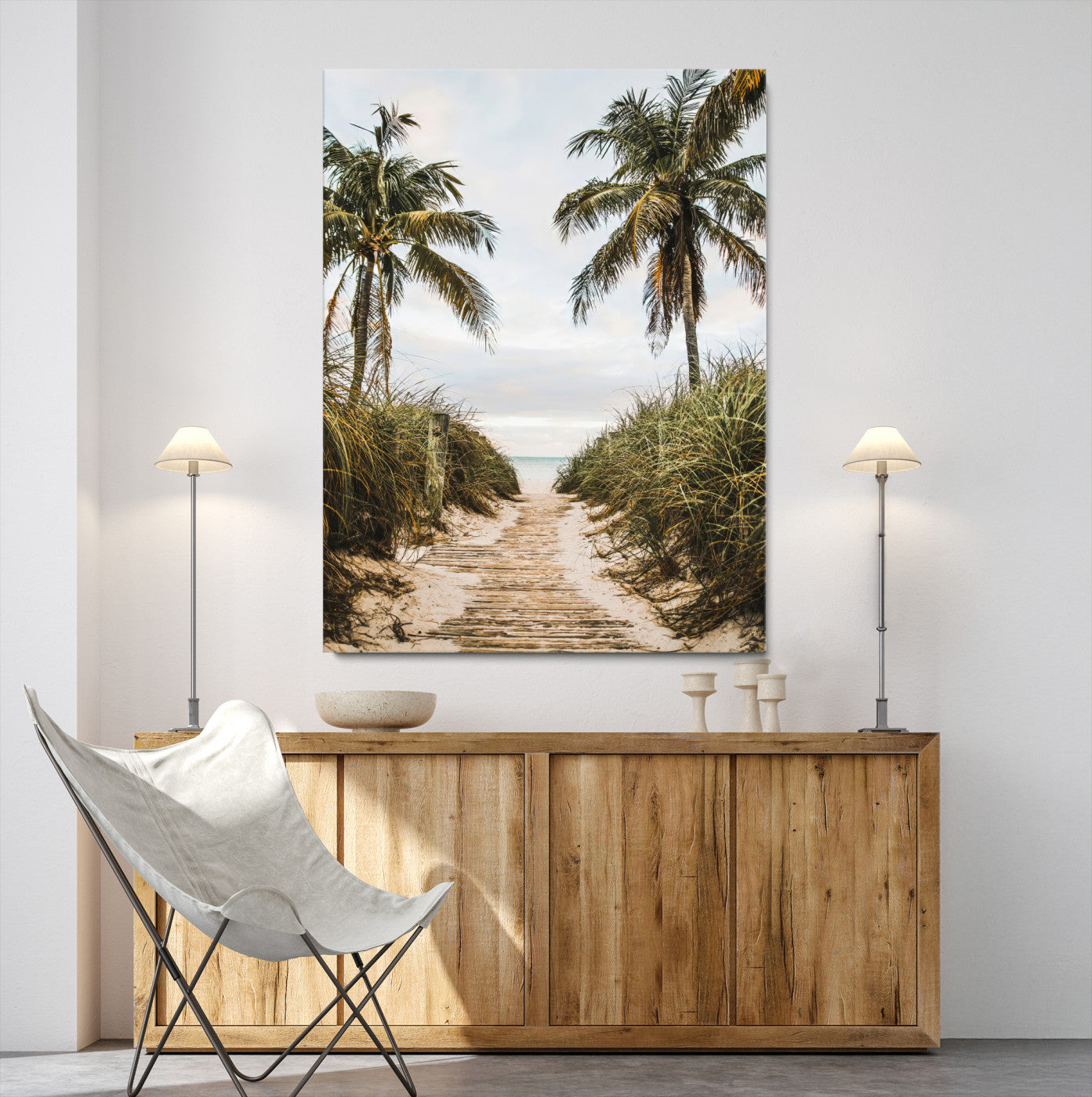 47319550-MGV-CV-40X27-Tropical Beach Wall Art Canvas Print – Framed Coastal Palm Tree Scene with Rustic Sand Ocean Artwork for Home, Office