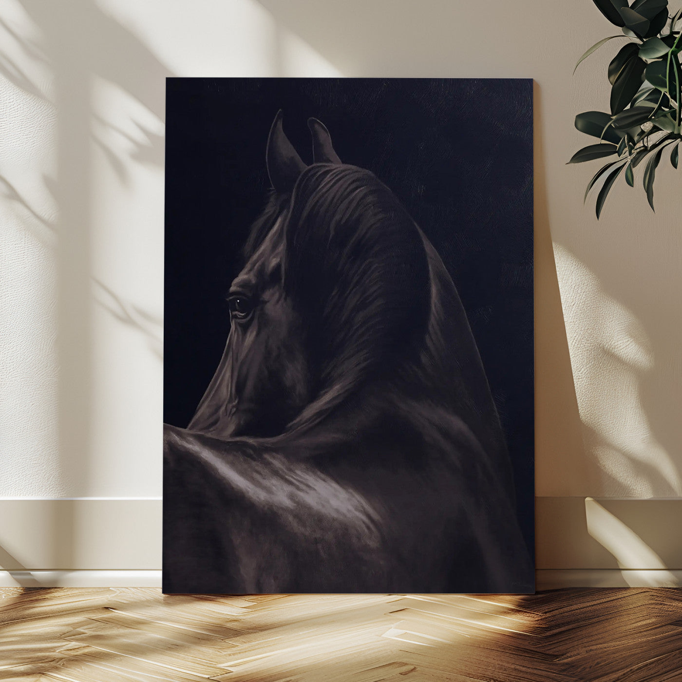 77538596-MGV-CV-24X36 - Dark Horse Wall Art – Majestic Silhouette Canvas Print, Sleek Mane, Graceful Strength, Elegant Equine Form, Timeless Beauty Decor for Home or Office